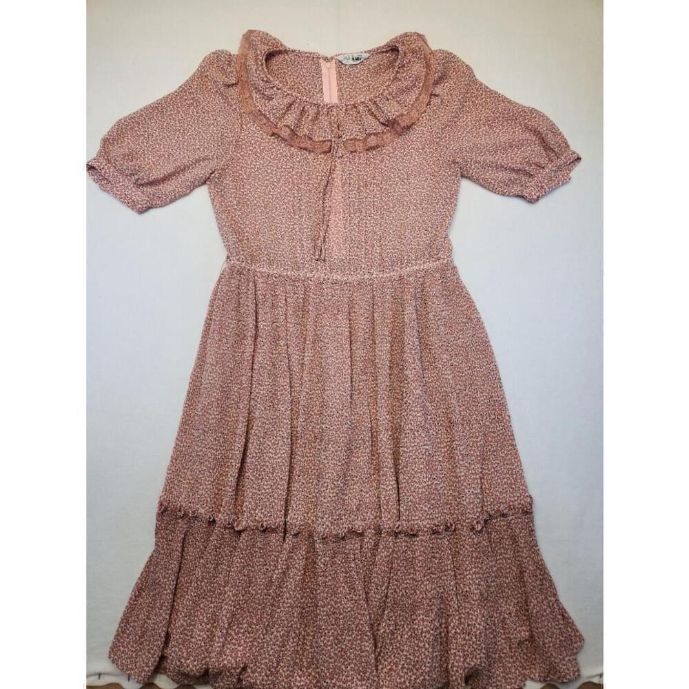 Floral Bib Prairie Ruffle Midi Dress Size m Farm Cottagecore cowgirl vintage 70s